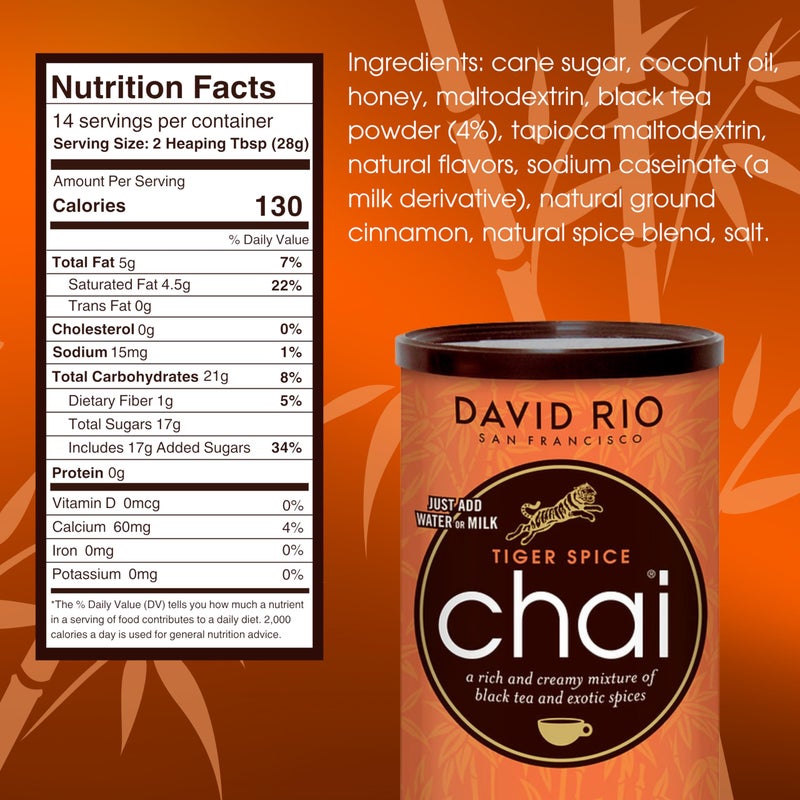 David Rio Tiger Spice Chai Tea Latte Mix, 14 Oz, Black Tea, Organic Spices, Dairy Free, Serve Hot or Cold, Just Add Water or Milk, 14 Servings - Image 2
